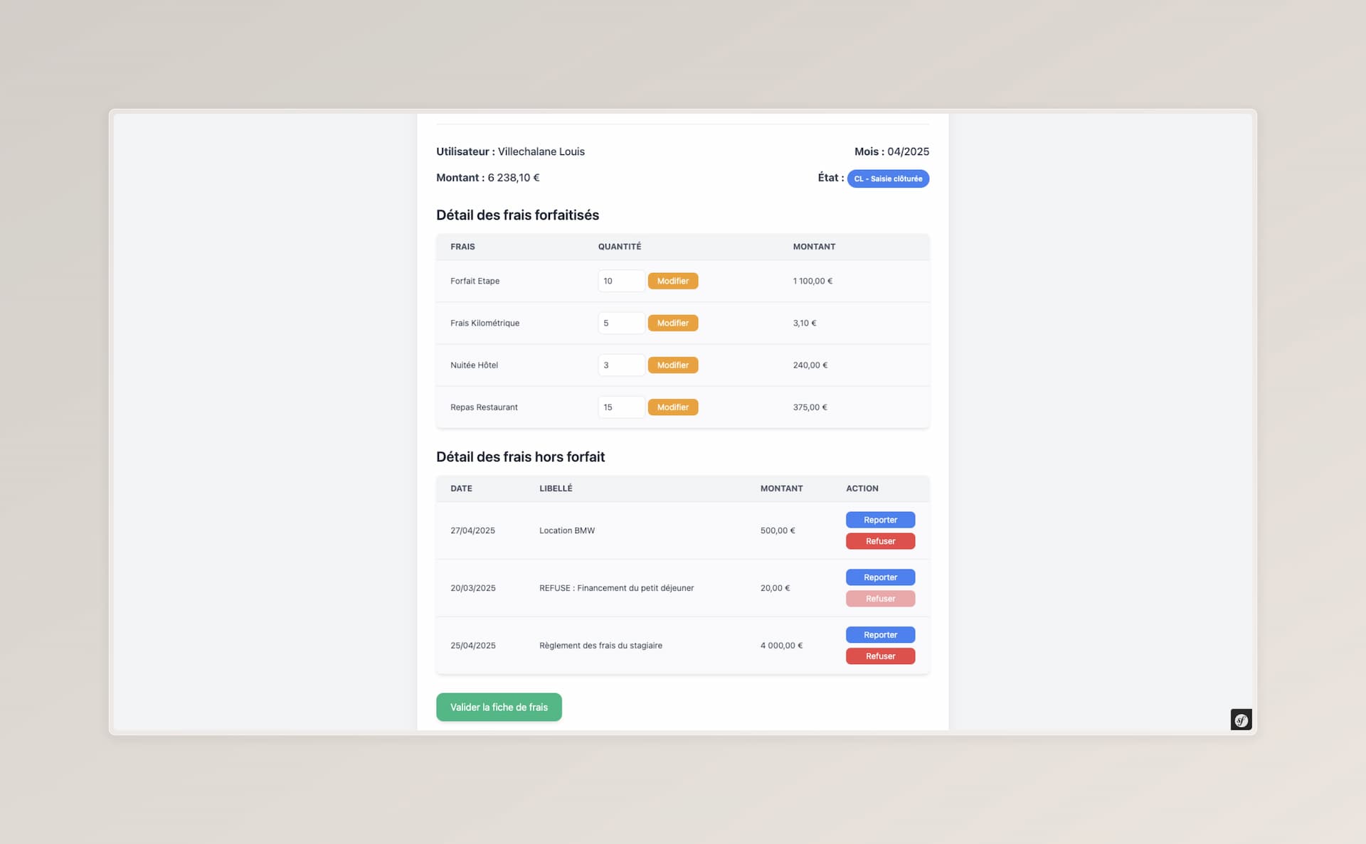 Détail de la fiche de frais